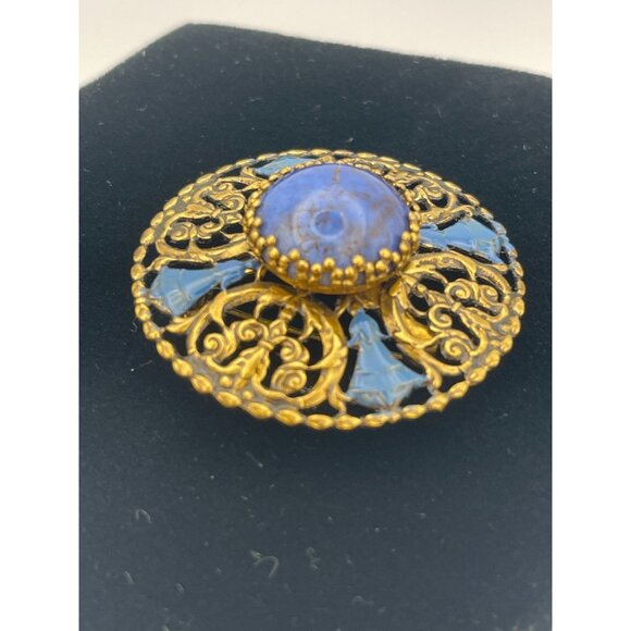 Vintage Brooch Oxidized Gold Tone Blue Accents Blue Stone W Germany - Picture 8 of 11